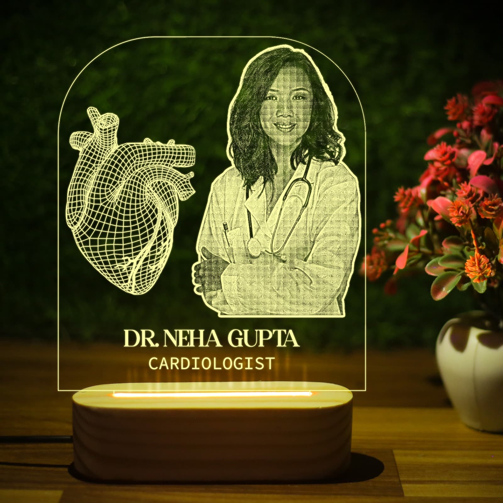 Giftkidukan Personalized Acrylic 3D LED Doctor Name Lamp With Your Image | Custom Engraved Heart Design Table Lamp With Your Image