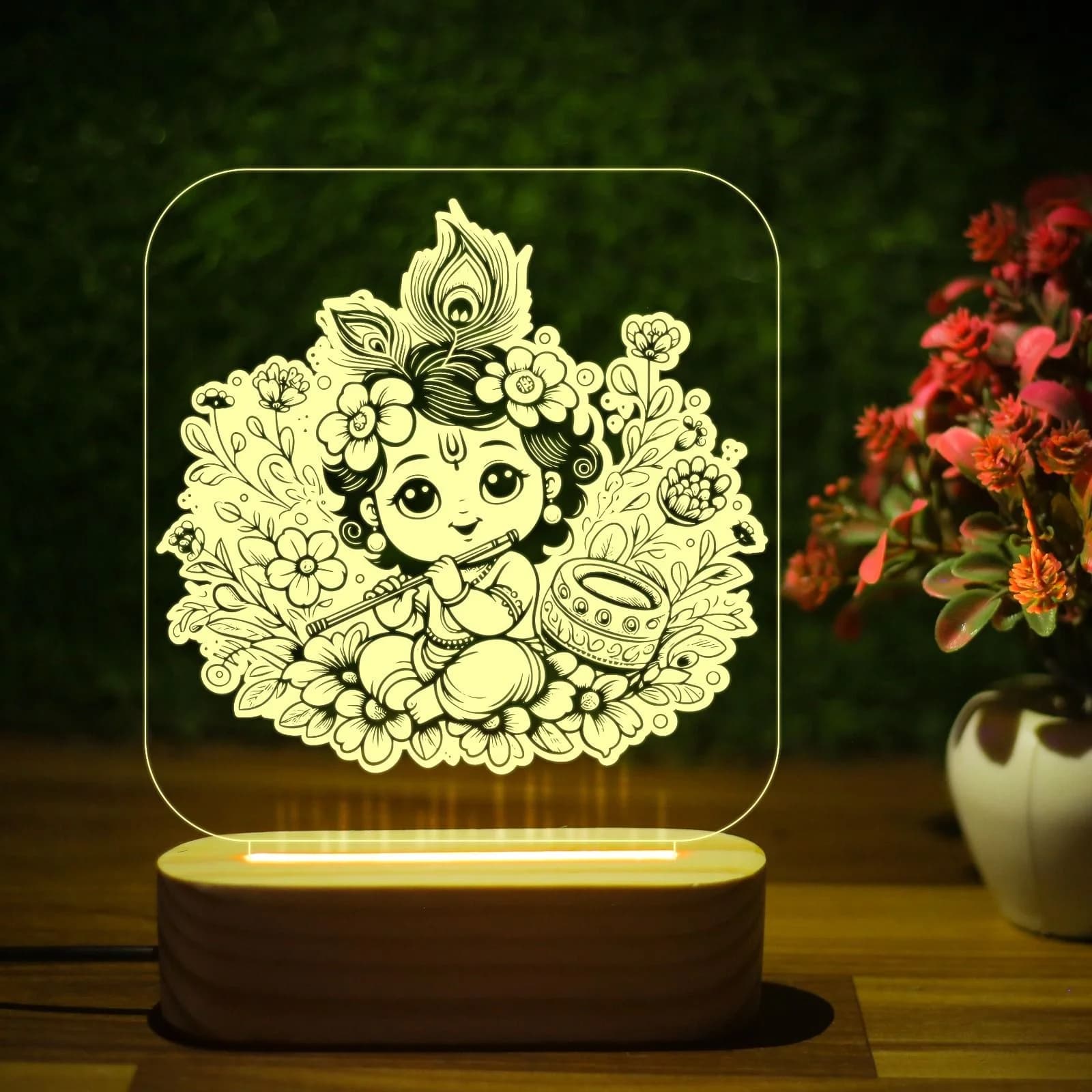 Giftkidukan Little Cute Krishna Night Lamp Makhan Chor Krishna Acrylic God Table Lamp Night Lamp (13 cm, yellow warm white)