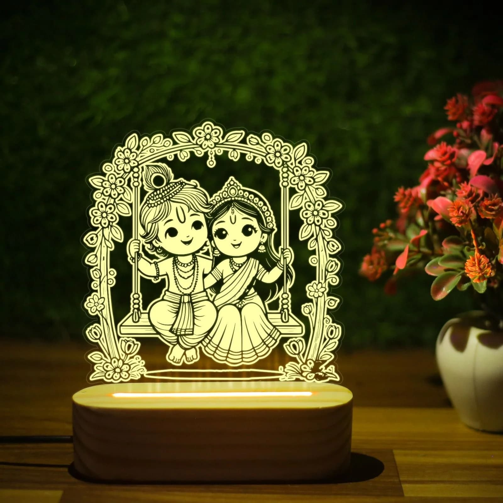 Giftkidukan Lord Radha Krishna Lamp God Idol Lamp with Flashing Effect for Pooja Room Table Lamp (16 cm, yellow warm white)